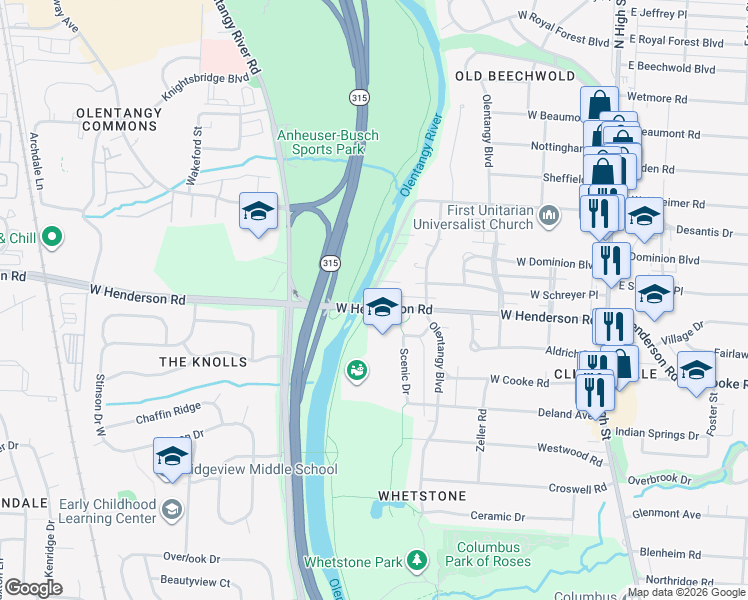 map of restaurants, bars, coffee shops, grocery stores, and more near 4405 Scenic Drive in Columbus