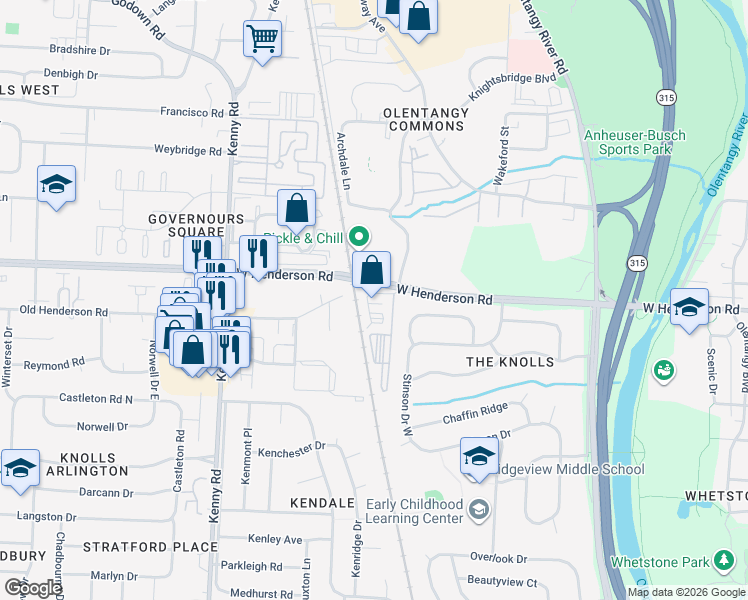 map of restaurants, bars, coffee shops, grocery stores, and more near 4520 Desantis Court in Columbus