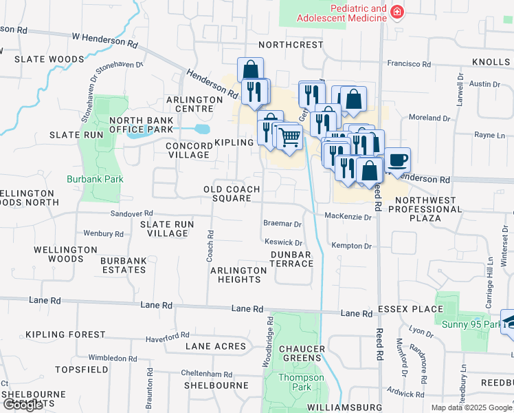 map of restaurants, bars, coffee shops, grocery stores, and more near 4675 Nugent Drive in Columbus