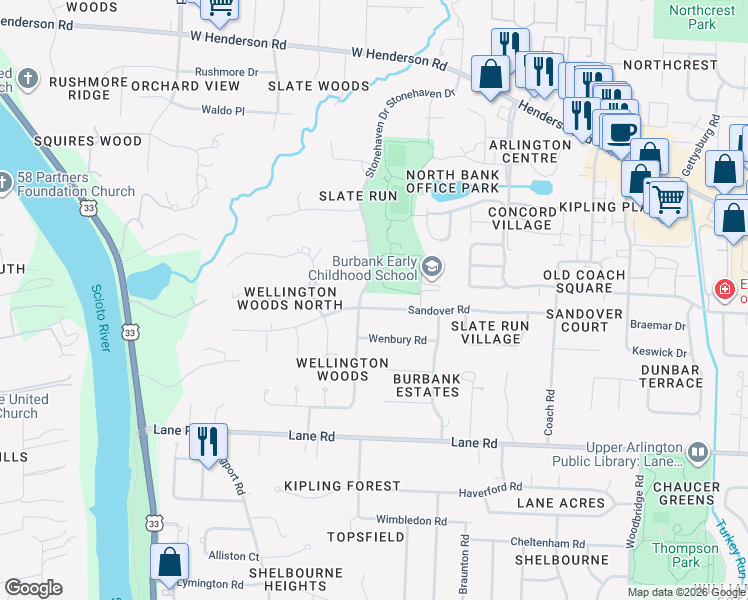 map of restaurants, bars, coffee shops, grocery stores, and more near 2449 Sandover Road in Columbus