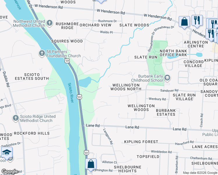 map of restaurants, bars, coffee shops, grocery stores, and more near 2680 Sandover Road in Columbus