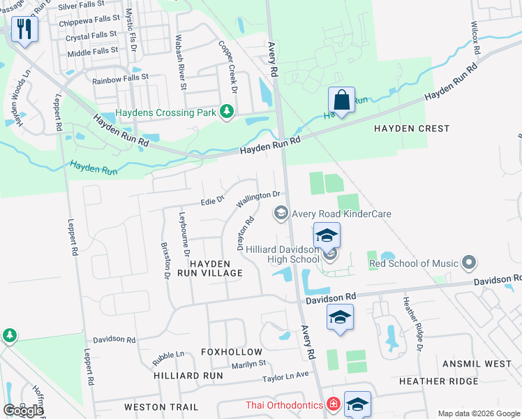 map of restaurants, bars, coffee shops, grocery stores, and more near 4894 Drayton Road in Hilliard