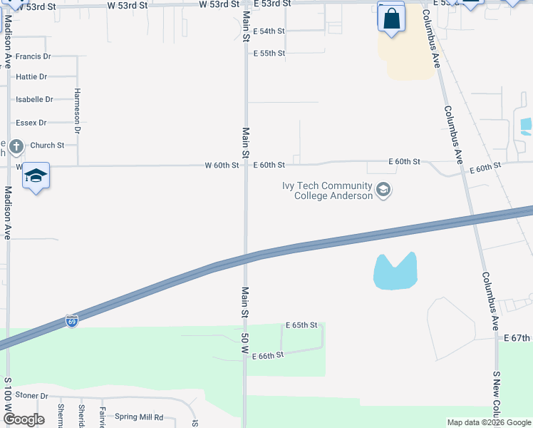 map of restaurants, bars, coffee shops, grocery stores, and more near 6140 Main Street in Anderson
