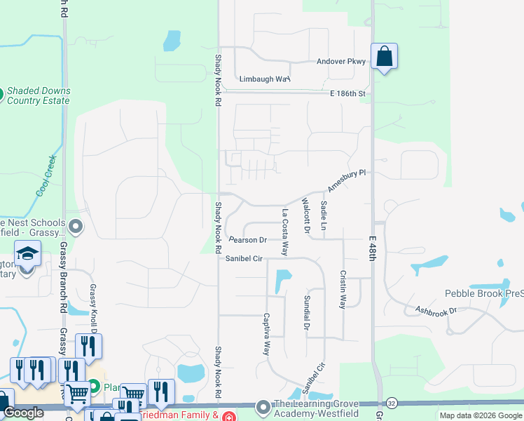 map of restaurants, bars, coffee shops, grocery stores, and more near 4249 Zachary Lane in Westfield