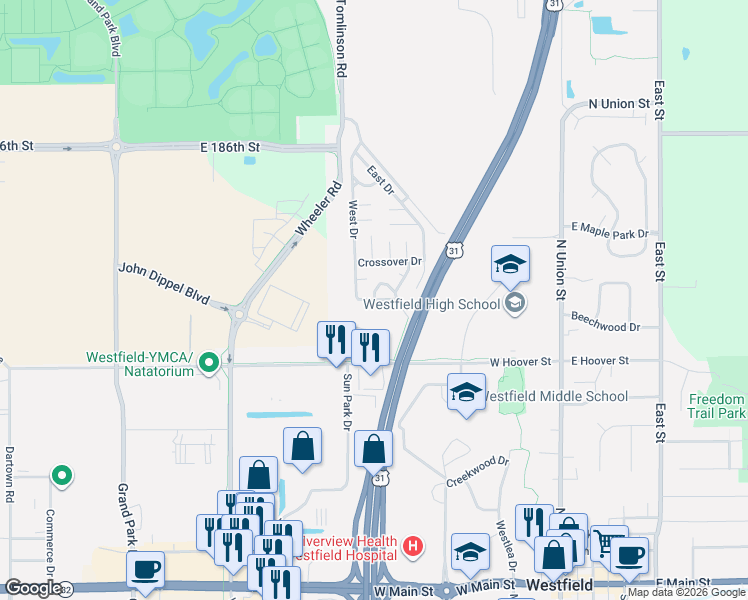 map of restaurants, bars, coffee shops, grocery stores, and more near 18128 Market Court in Westfield
