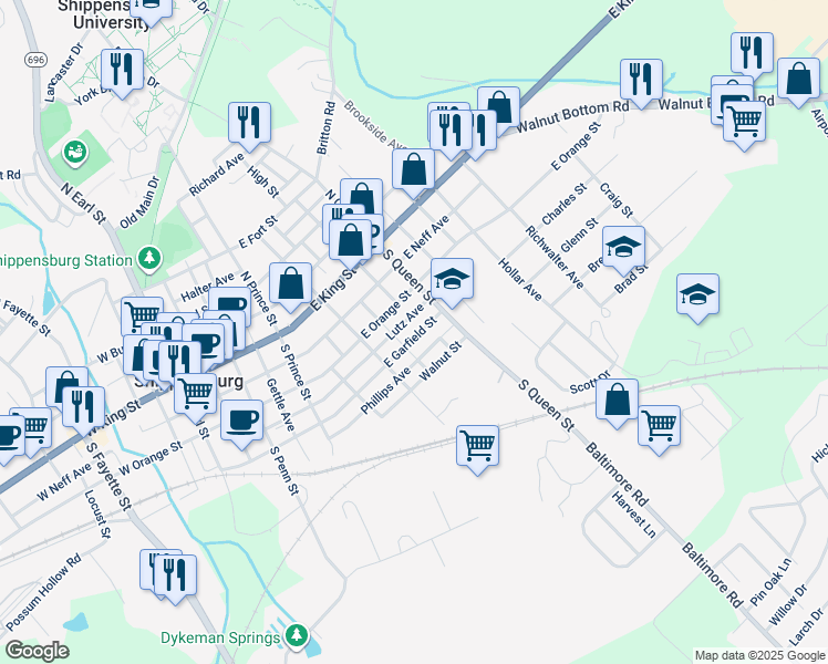 map of restaurants, bars, coffee shops, grocery stores, and more near 325 East Garfield Street in Shippensburg