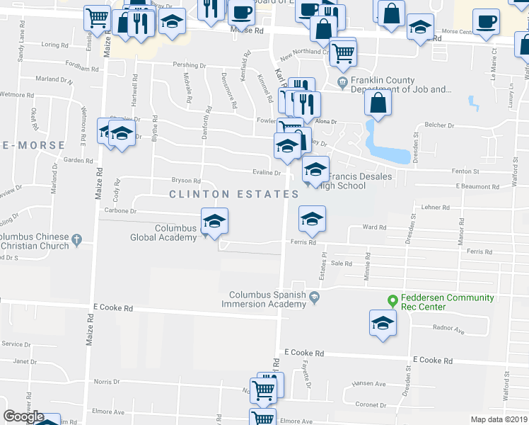 map of restaurants, bars, coffee shops, grocery stores, and more near 4115 Karl Road in Columbus