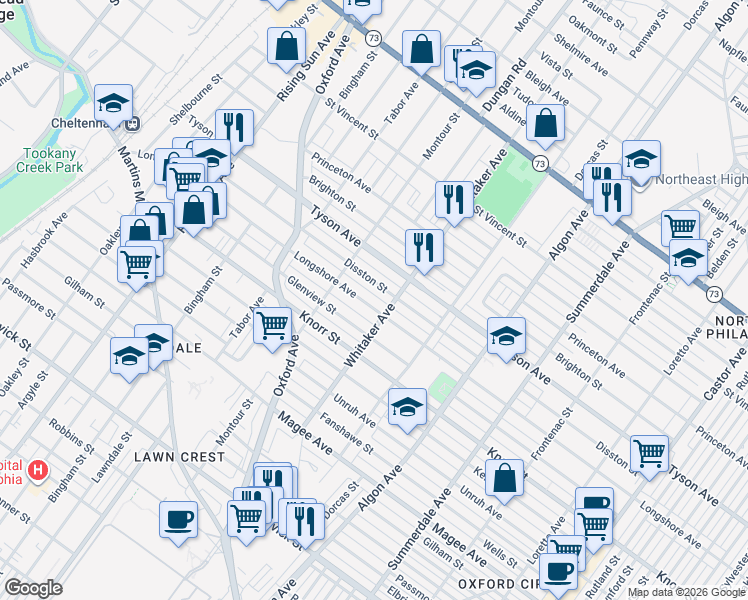 map of restaurants, bars, coffee shops, grocery stores, and more near 833 Longshore Avenue in Philadelphia