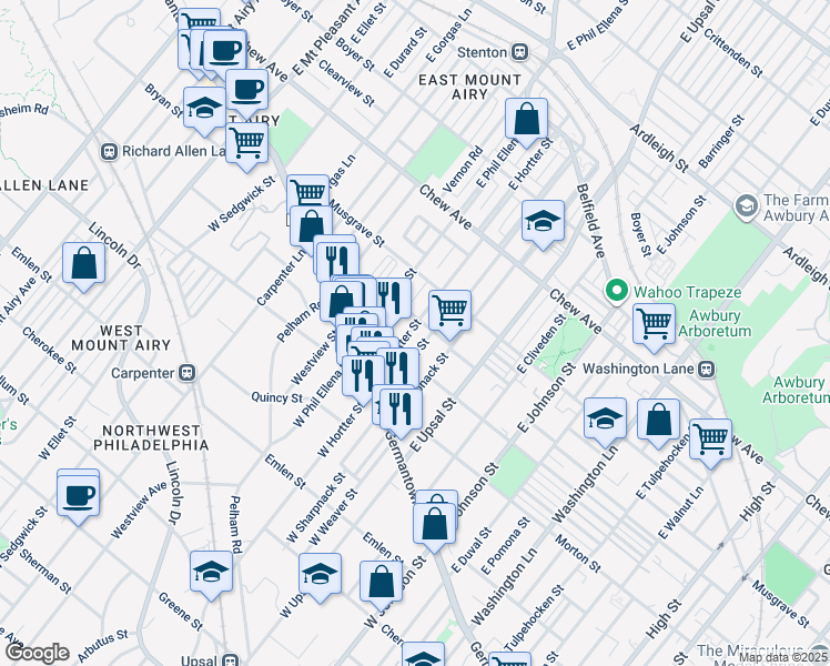 map of restaurants, bars, coffee shops, grocery stores, and more near 78 East Hortter Street in Philadelphia