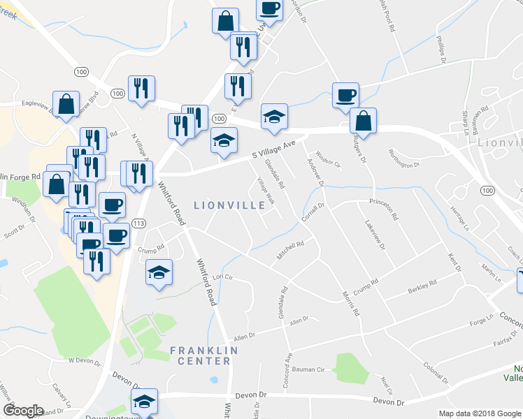map of restaurants, bars, coffee shops, grocery stores, and more near 213 Village Walk in Exton