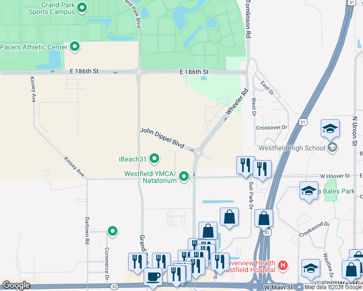 map of restaurants, bars, coffee shops, grocery stores, and more near 18170 Grand Park Boulevard in Westfield