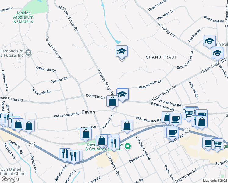 map of restaurants, bars, coffee shops, grocery stores, and more near 331 North Valley Forge Road in Devon