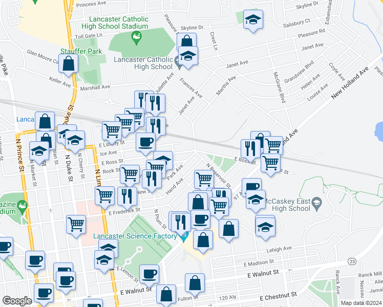 map of restaurants, bars, coffee shops, grocery stores, and more near 540 East Ross Street in Lancaster