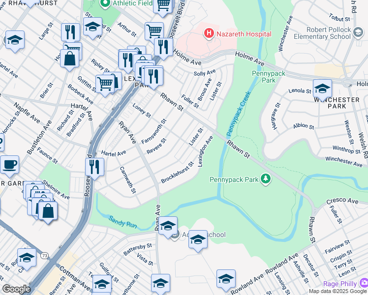 map of restaurants, bars, coffee shops, grocery stores, and more near 7844 Lister Street in Philadelphia