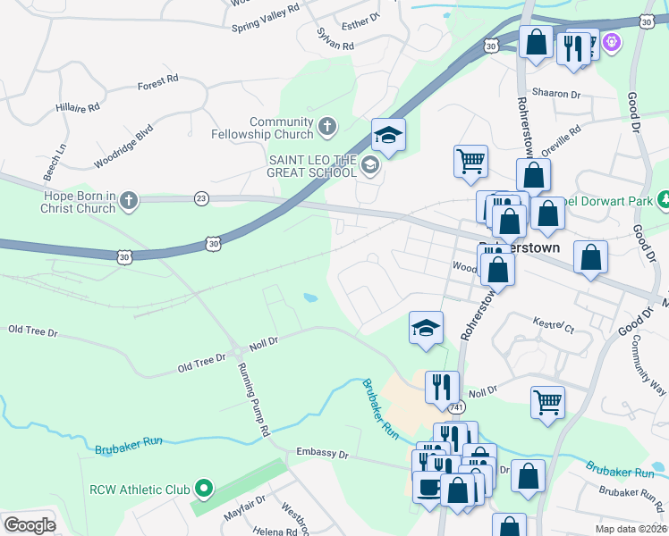 map of restaurants, bars, coffee shops, grocery stores, and more near 535 Red Maple Way in Lancaster