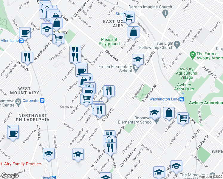 map of restaurants, bars, coffee shops, grocery stores, and more near 6617 Ross Street in Philadelphia