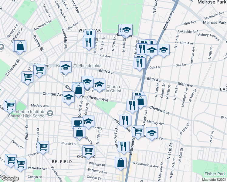 map of restaurants, bars, coffee shops, grocery stores, and more near 6447 North Smedley Street in Philadelphia