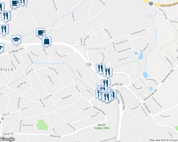 map of restaurants, bars, coffee shops, grocery stores, and more near 110 Surrey Way in Exton