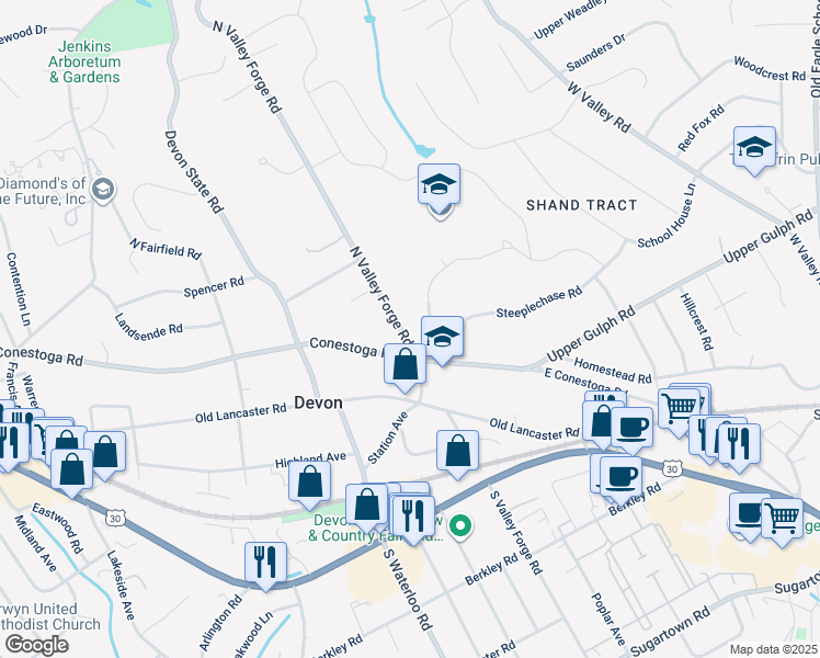 map of restaurants, bars, coffee shops, grocery stores, and more near 331 North Valley Forge Road in Devon