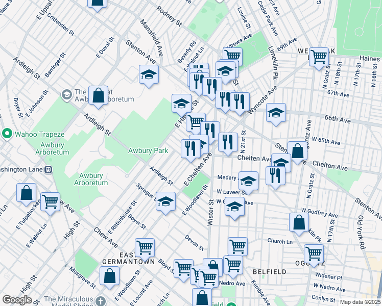 map of restaurants, bars, coffee shops, grocery stores, and more near 1220 East Price Street in Philadelphia