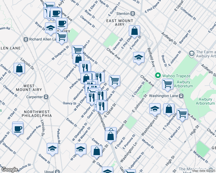map of restaurants, bars, coffee shops, grocery stores, and more near 6638 Ross Street in Philadelphia