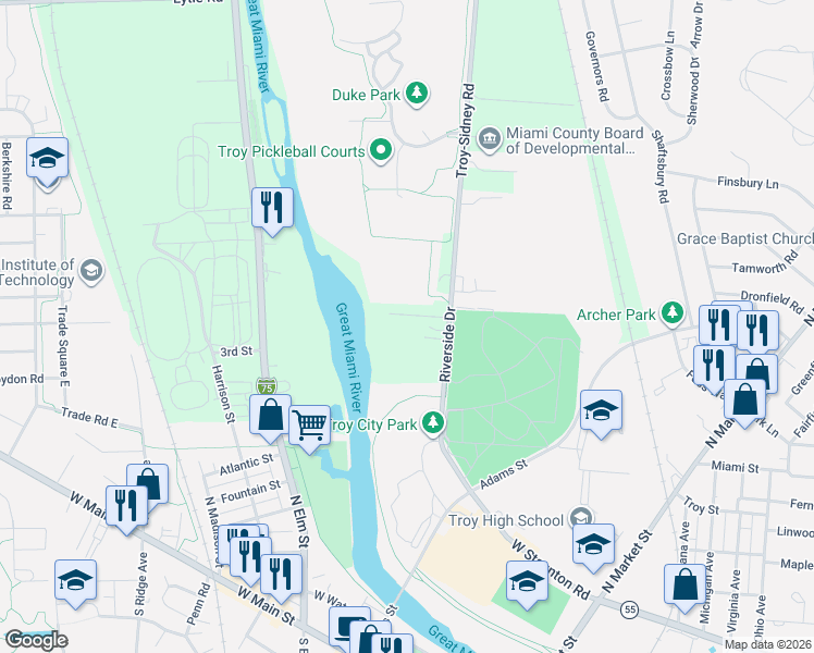 map of restaurants, bars, coffee shops, grocery stores, and more near 265 Adams Street in Troy