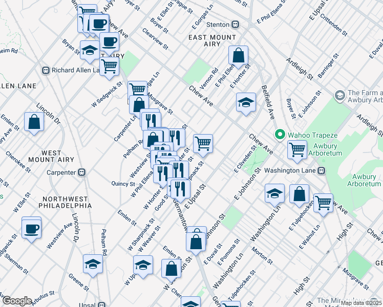 map of restaurants, bars, coffee shops, grocery stores, and more near 6638 Ross Street in Philadelphia