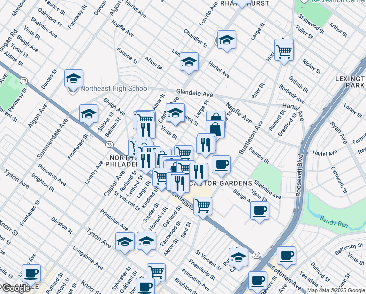 map of restaurants, bars, coffee shops, grocery stores, and more near 2110 Vista Street in Philadelphia