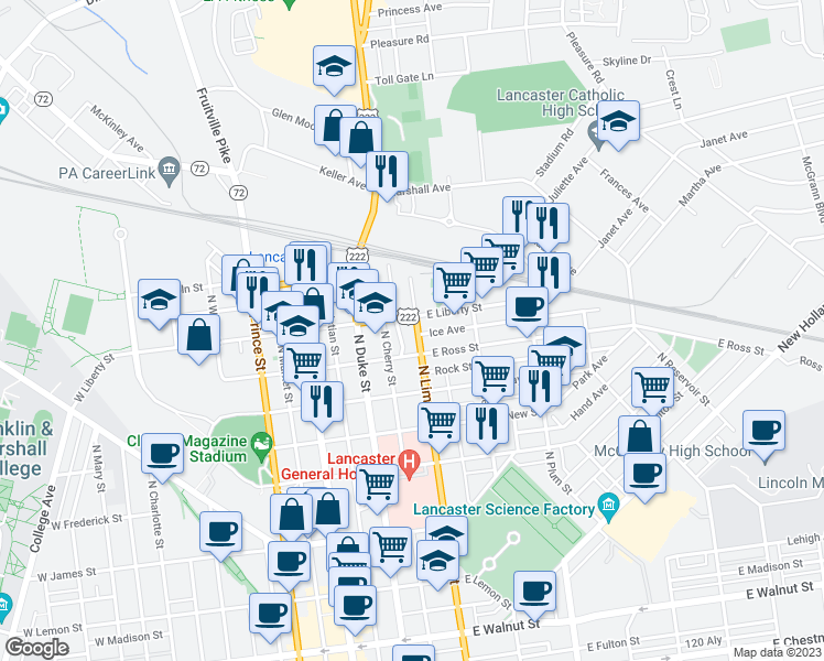 map of restaurants, bars, coffee shops, grocery stores, and more near 930 North Lime Street in Lancaster