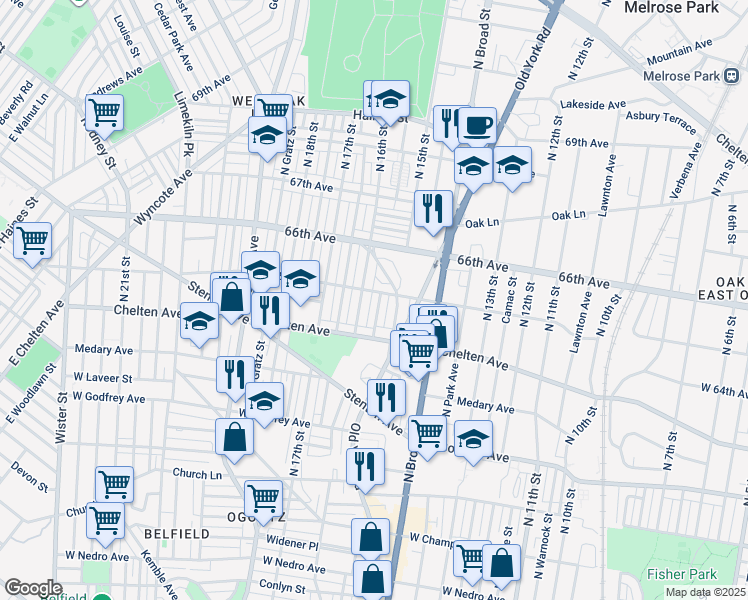 map of restaurants, bars, coffee shops, grocery stores, and more near 6452 North Sydenham Street in Philadelphia