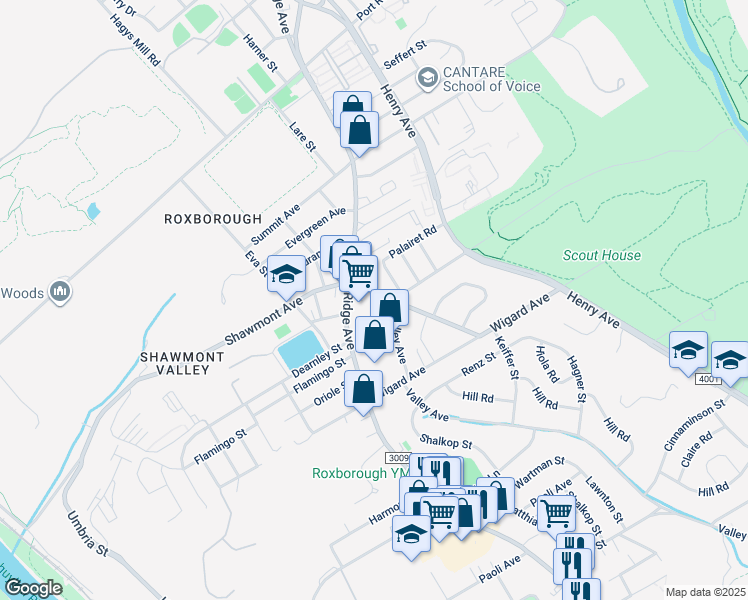map of restaurants, bars, coffee shops, grocery stores, and more near 629 Shawmont Avenue in Philadelphia