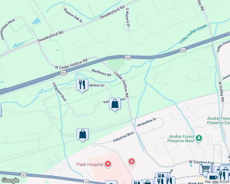 map of restaurants, bars, coffee shops, grocery stores, and more near 100 Vanguard Boulevard in Malvern