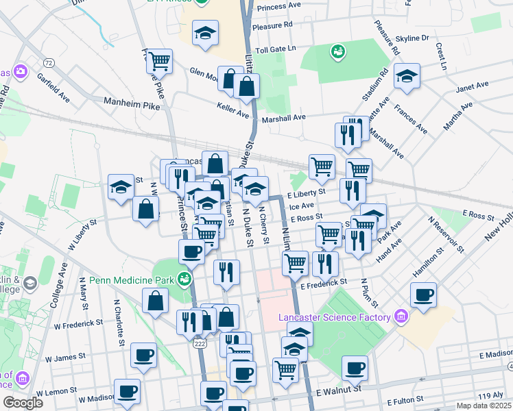 map of restaurants, bars, coffee shops, grocery stores, and more near 127 East Ross Street in Lancaster