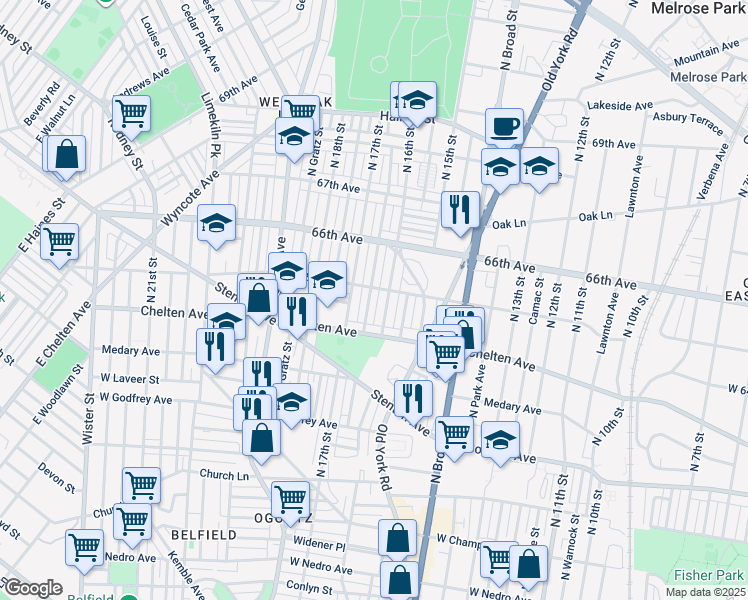 map of restaurants, bars, coffee shops, grocery stores, and more near 6449 North Smedley Street in Philadelphia