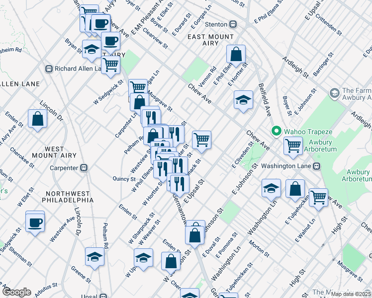 map of restaurants, bars, coffee shops, grocery stores, and more near 95 Montana Street in Philadelphia