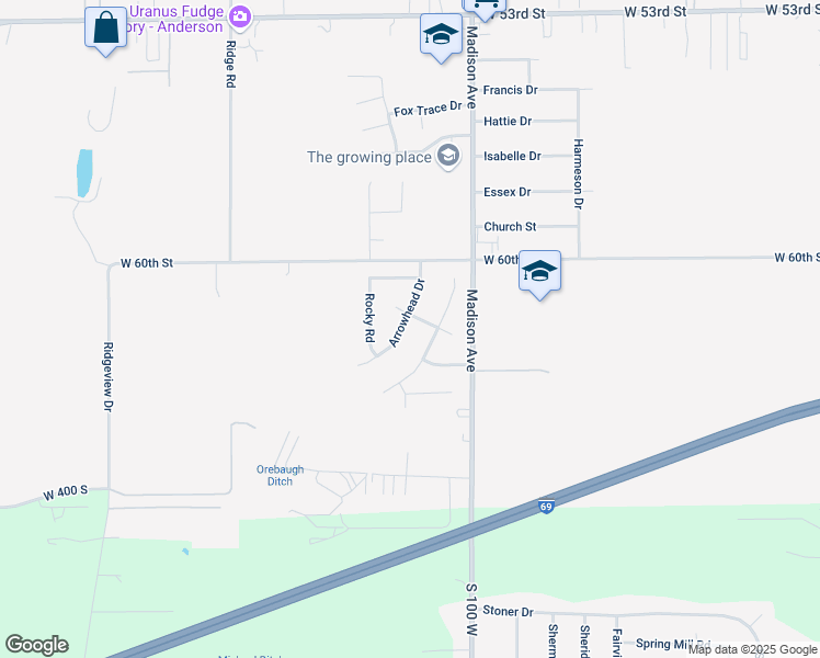 map of restaurants, bars, coffee shops, grocery stores, and more near 6306 Arrowhead Drive in Anderson