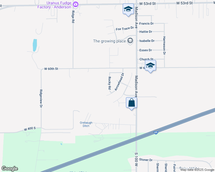 map of restaurants, bars, coffee shops, grocery stores, and more near 6333 Arrowhead Drive in Anderson