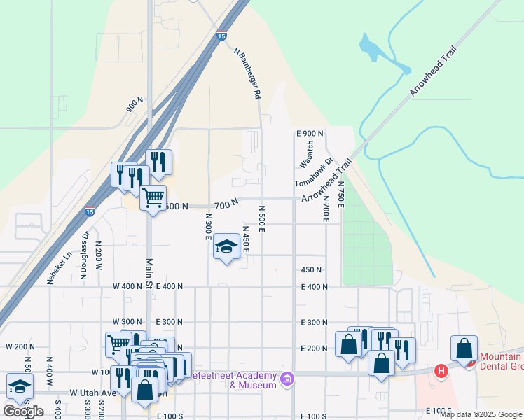 map of restaurants, bars, coffee shops, grocery stores, and more near 654 North 500 East in Payson