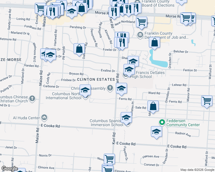 map of restaurants, bars, coffee shops, grocery stores, and more near 4115 Karl Road in Columbus