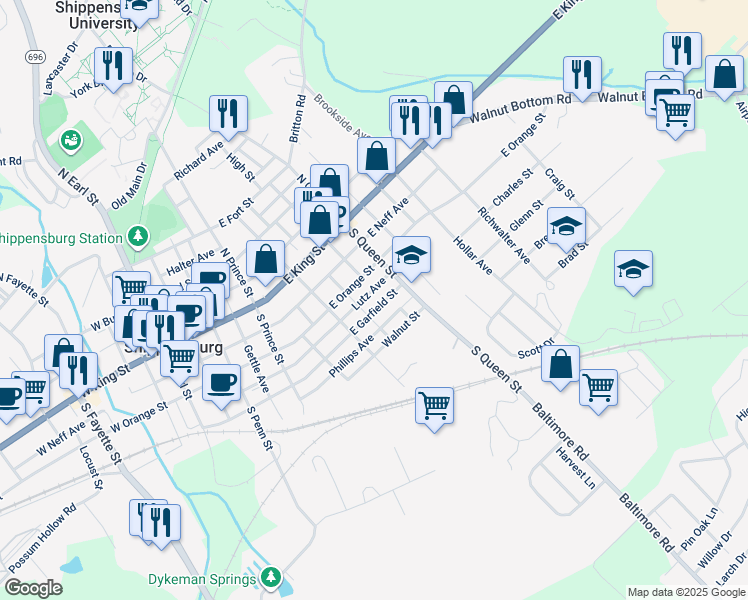 map of restaurants, bars, coffee shops, grocery stores, and more near 325 East Garfield Street in Shippensburg