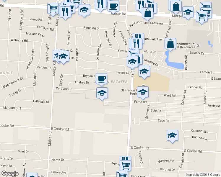 map of restaurants, bars, coffee shops, grocery stores, and more near 4119 Karl Road in Columbus
