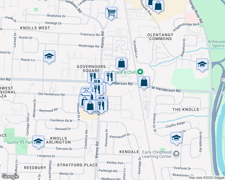 map of restaurants, bars, coffee shops, grocery stores, and more near 1003 Old Henderson Road in Columbus