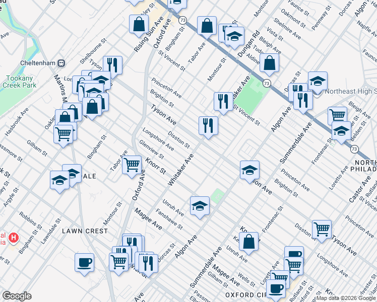map of restaurants, bars, coffee shops, grocery stores, and more near 850 Longshore Avenue in Philadelphia