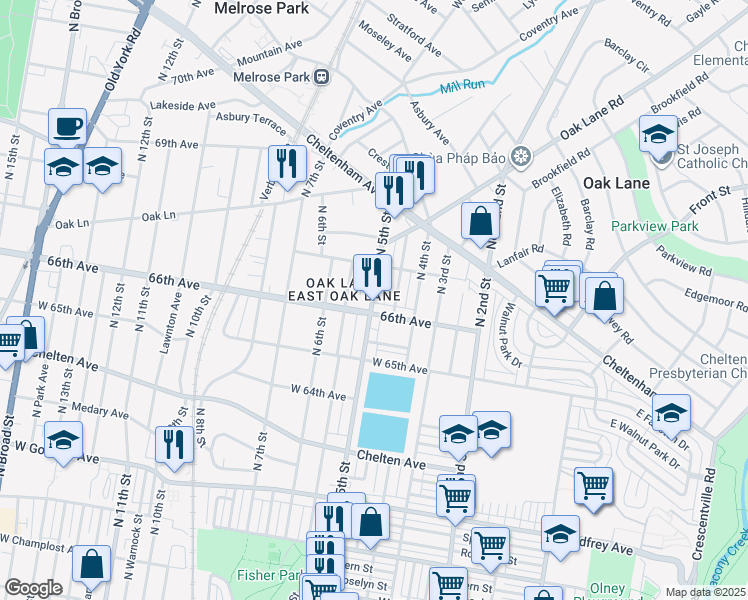 map of restaurants, bars, coffee shops, grocery stores, and more near 6552 North 5th Street in Philadelphia