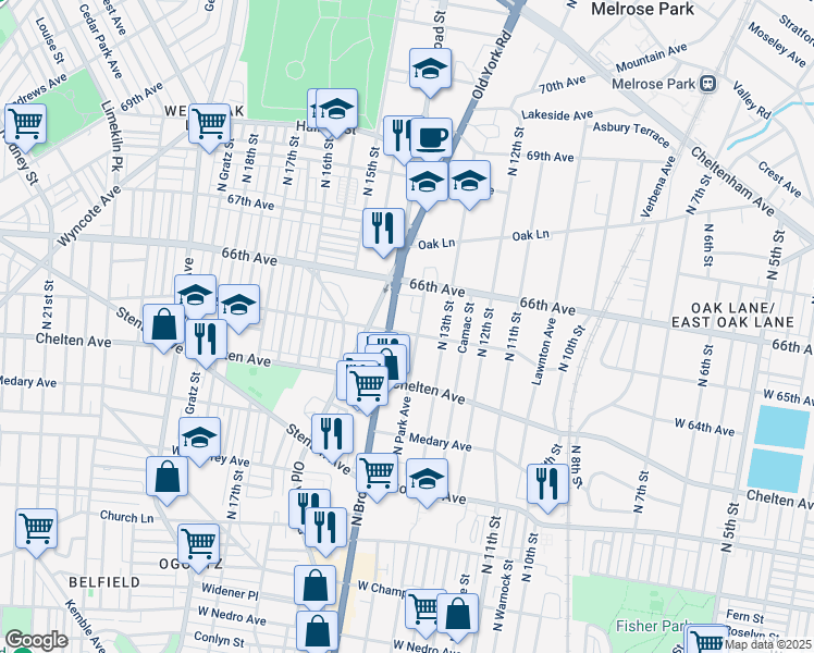 map of restaurants, bars, coffee shops, grocery stores, and more near 6420 North Park Avenue in Philadelphia