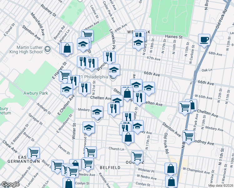 map of restaurants, bars, coffee shops, grocery stores, and more near 1940 West Chelten Avenue in Philadelphia