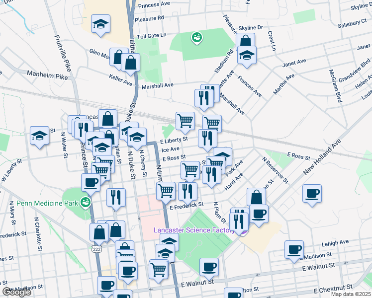 map of restaurants, bars, coffee shops, grocery stores, and more near 306 Ice Avenue in Lancaster