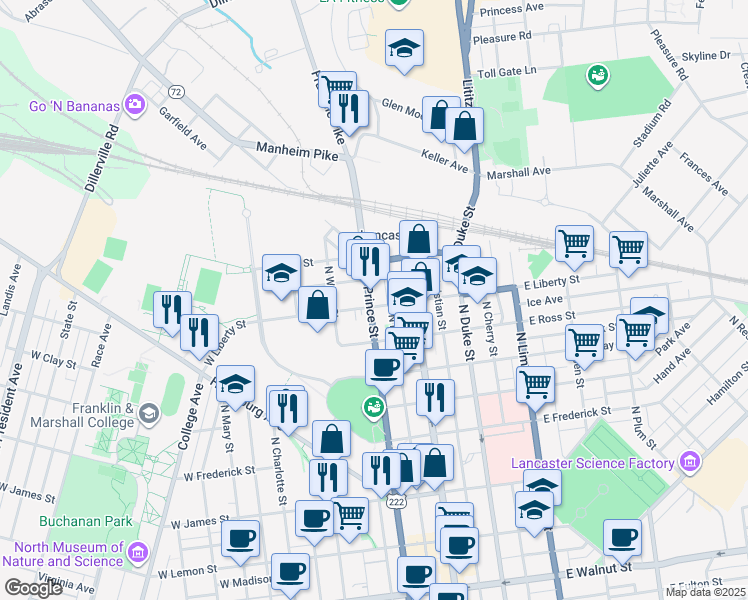 map of restaurants, bars, coffee shops, grocery stores, and more near 860 North Market Street in Lancaster
