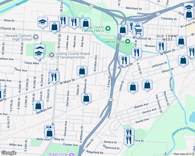 map of restaurants, bars, coffee shops, grocery stores, and more near 96 Maholm Street in Newark