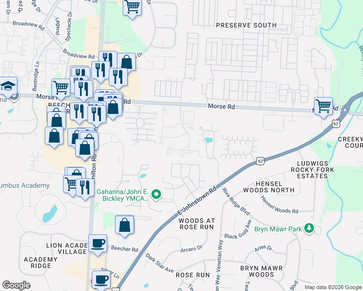 map of restaurants, bars, coffee shops, grocery stores, and more near 1268 Tobey Drive in Gahanna